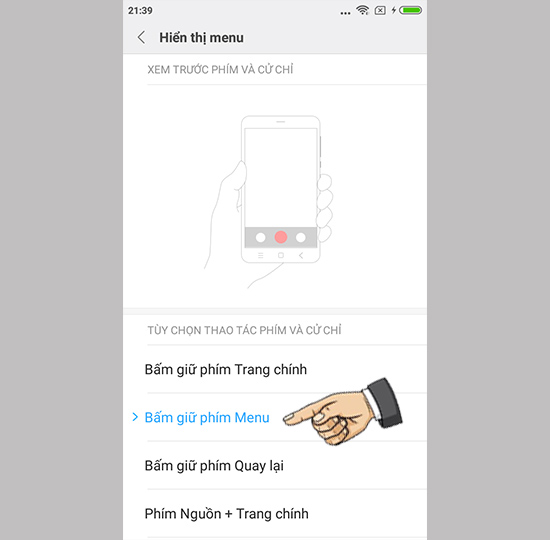 Gán phím hiển thị menu nhanh